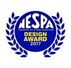 NESPAA Design Award logo 2017 featuring a blue circular emblem with laurel leaves, highlighting excellence in design within the pool and spa industry.