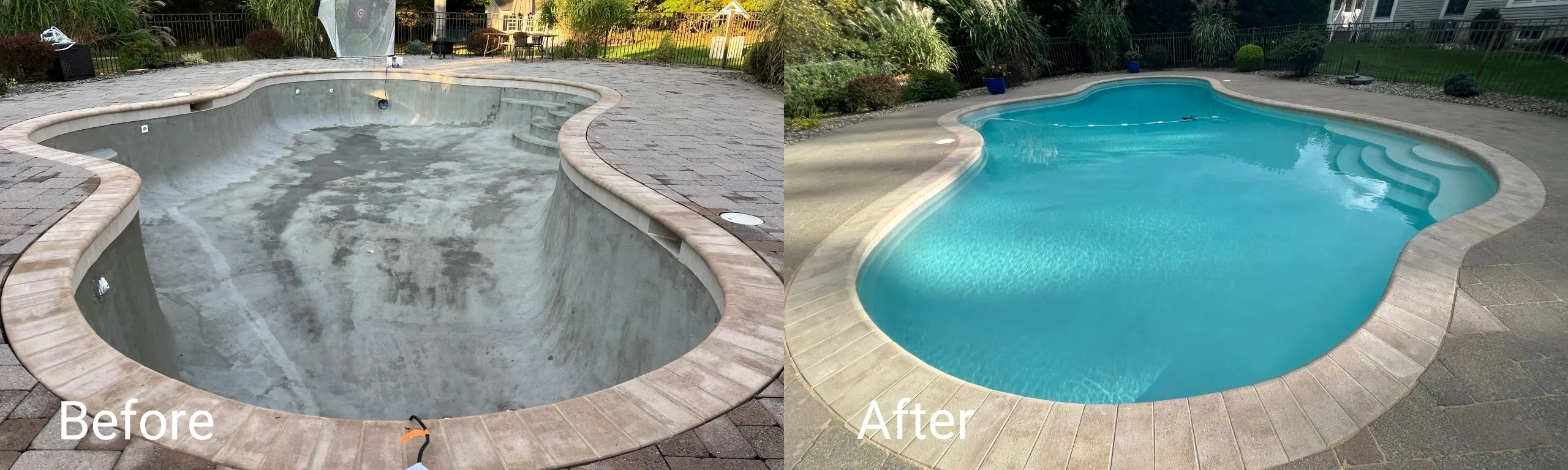 Before and after comparison of a pool renovation, showcasing the transformed pool area with a clean, modern design and improved landscaping. The left side displays the old, worn surface, while the right side highlights the new, inviting blue water and refreshed surrounding patio.