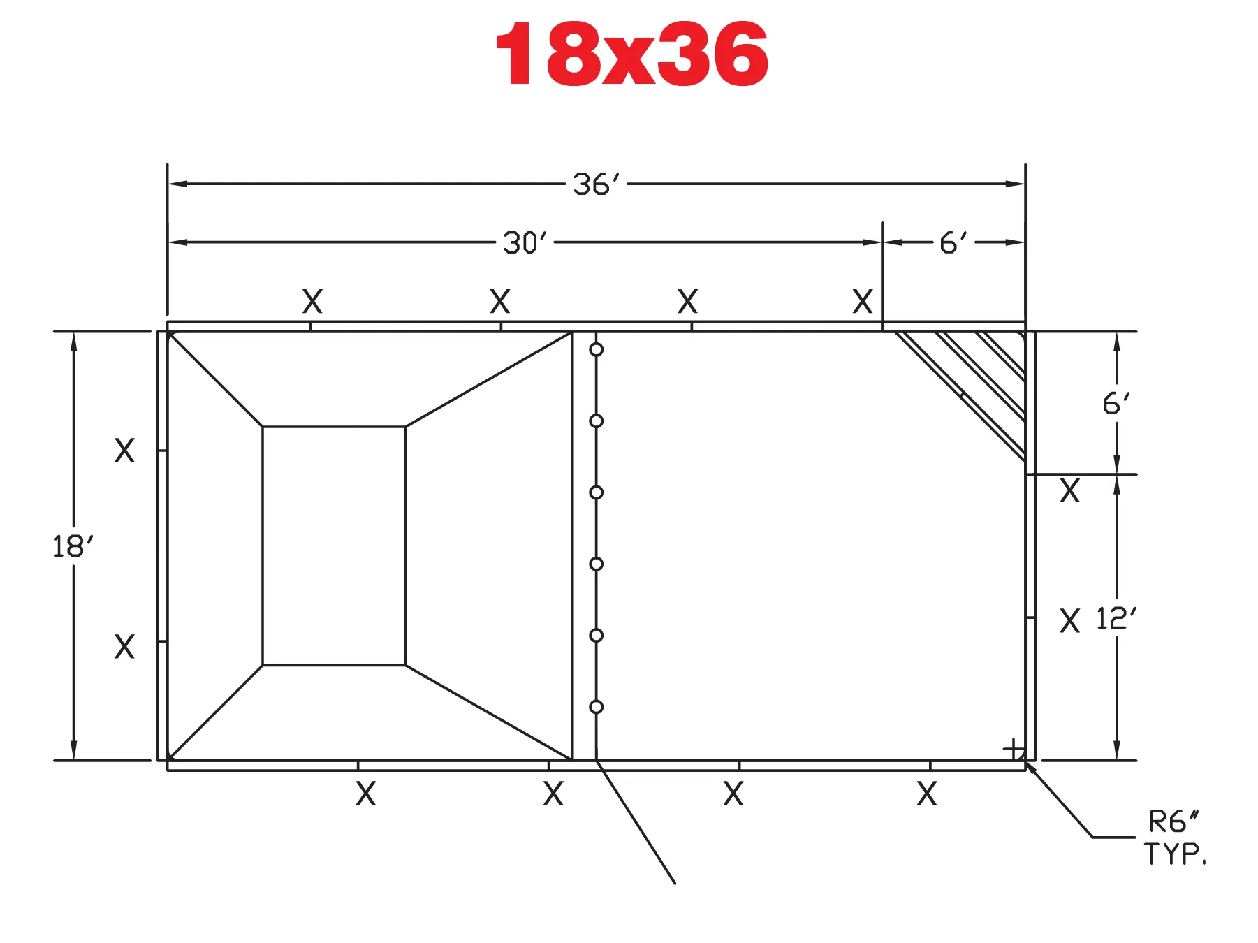 Architectural blueprint of a building layout measuring 18x36 feet, including detailed dimensions and structural features.