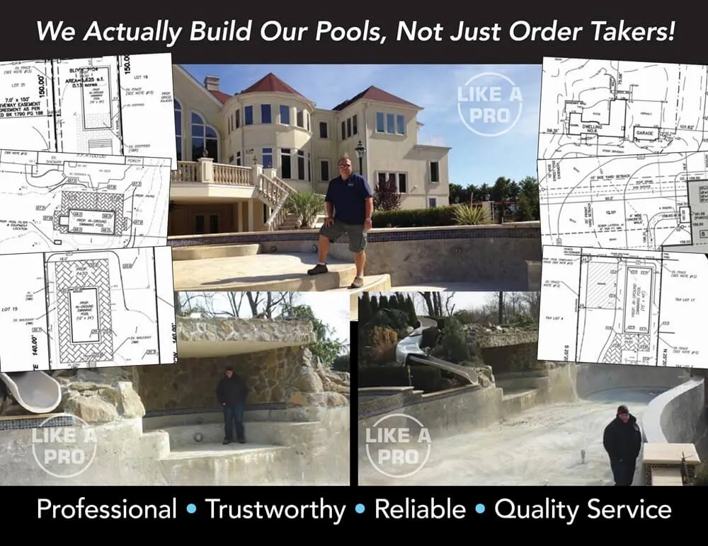 Image showcasing a pool construction company with a professional builder standing in front of completed and in-progress pools. Architectural plans and designs are displayed, emphasizing the company's hands-on approach. Keywords include "professional pool builders," "custom pool design," and "quality construction services."